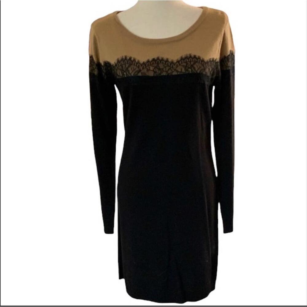 AB Studio knit long sleeve dress with gold lace trim size medium‎ New with tag